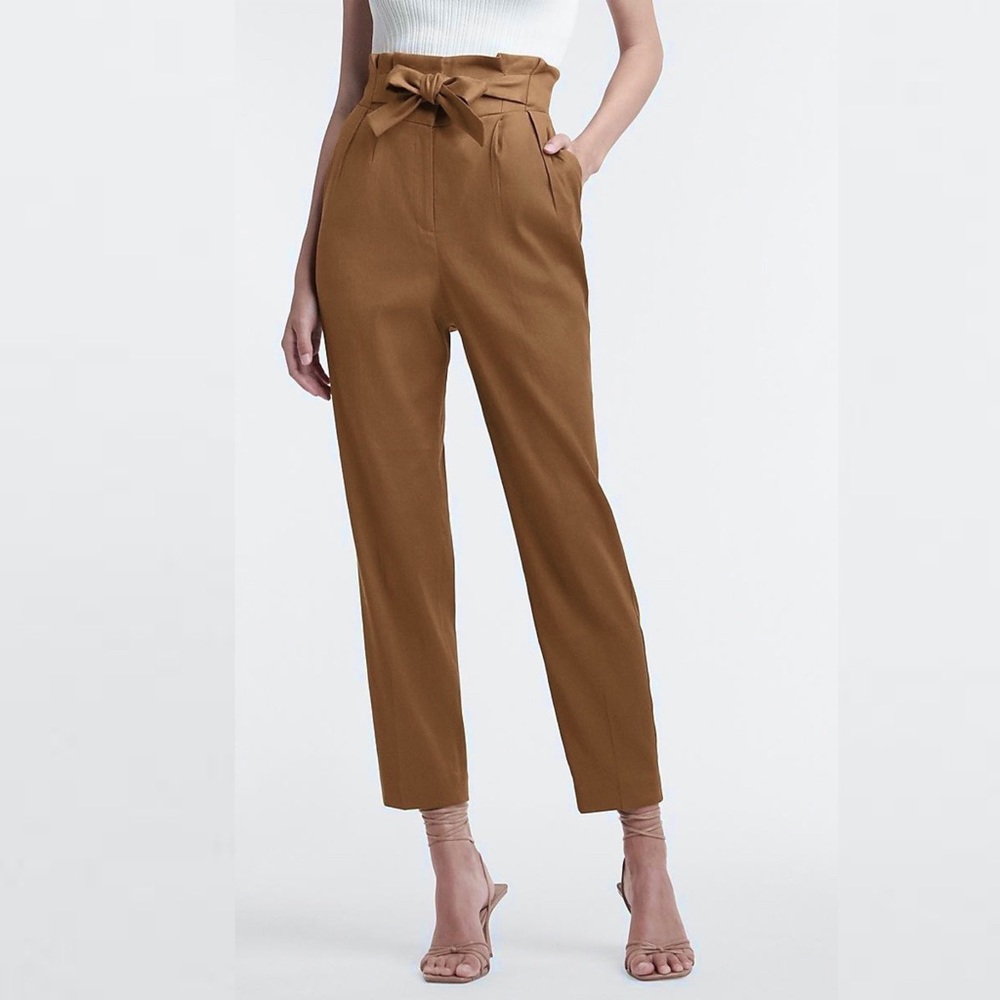 EXPRESS Dark Khaki Super High Rise Linen-Blend Paperbag Ankle Pant Size M